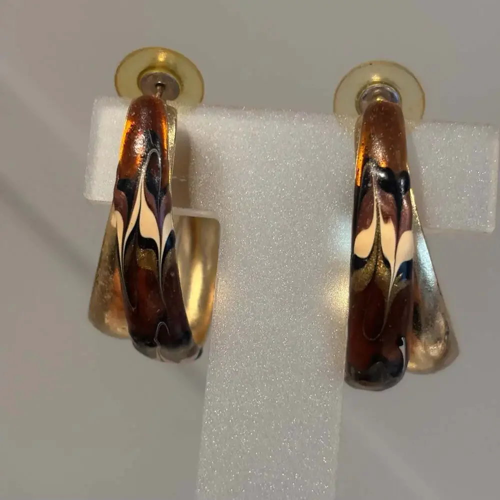 Vintage Gold Tone Earthy Colored Enamel Double Loop Half Hoop Pierced Earrings